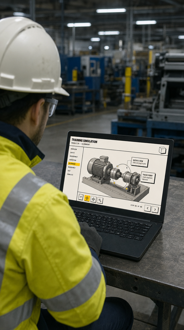 Operator using a 3D training app on a factory laptop