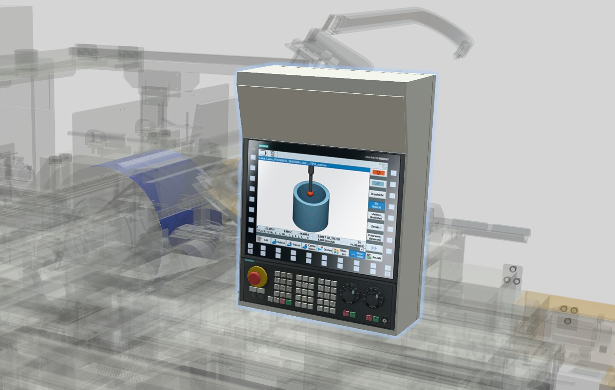 CNC controller with operator UI screen visible