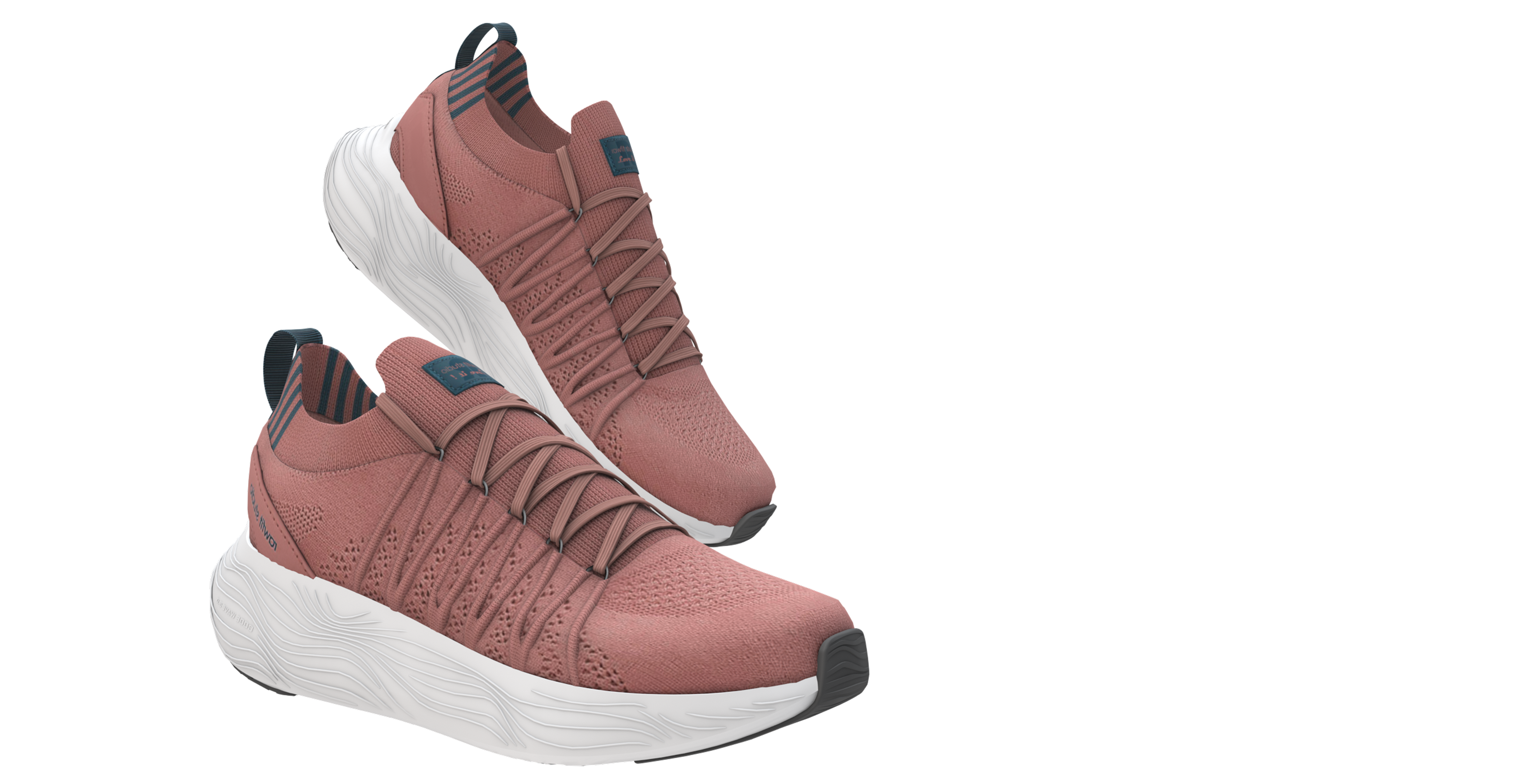Configured rust colorway shoe pair, low-angle studio render